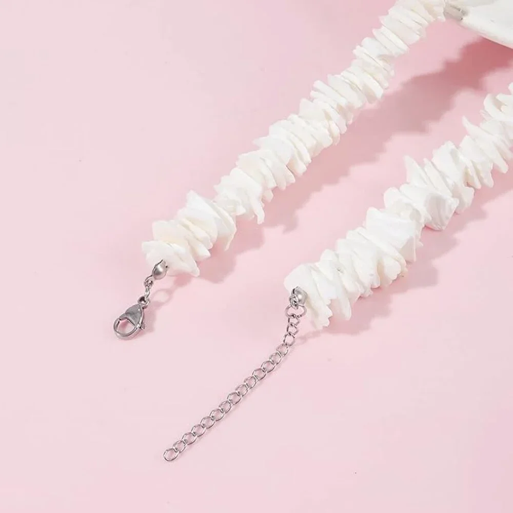 White Puka Shell Necklace, Hawaiian Style Clam Chip Surfer Necklace - Picture 3 of 7